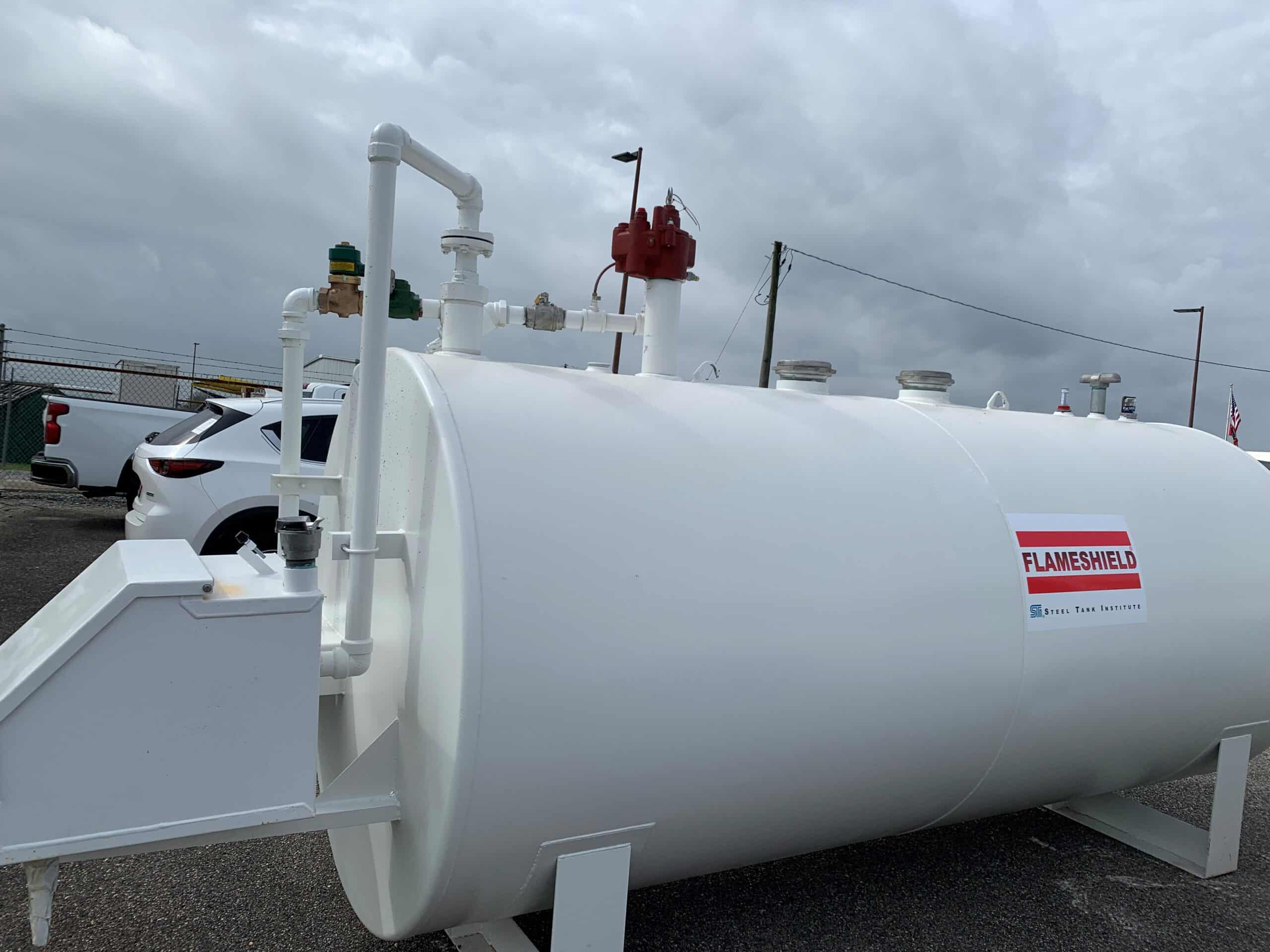 Close-up of a white Flameshield® tank designed for fuel containment and safety.