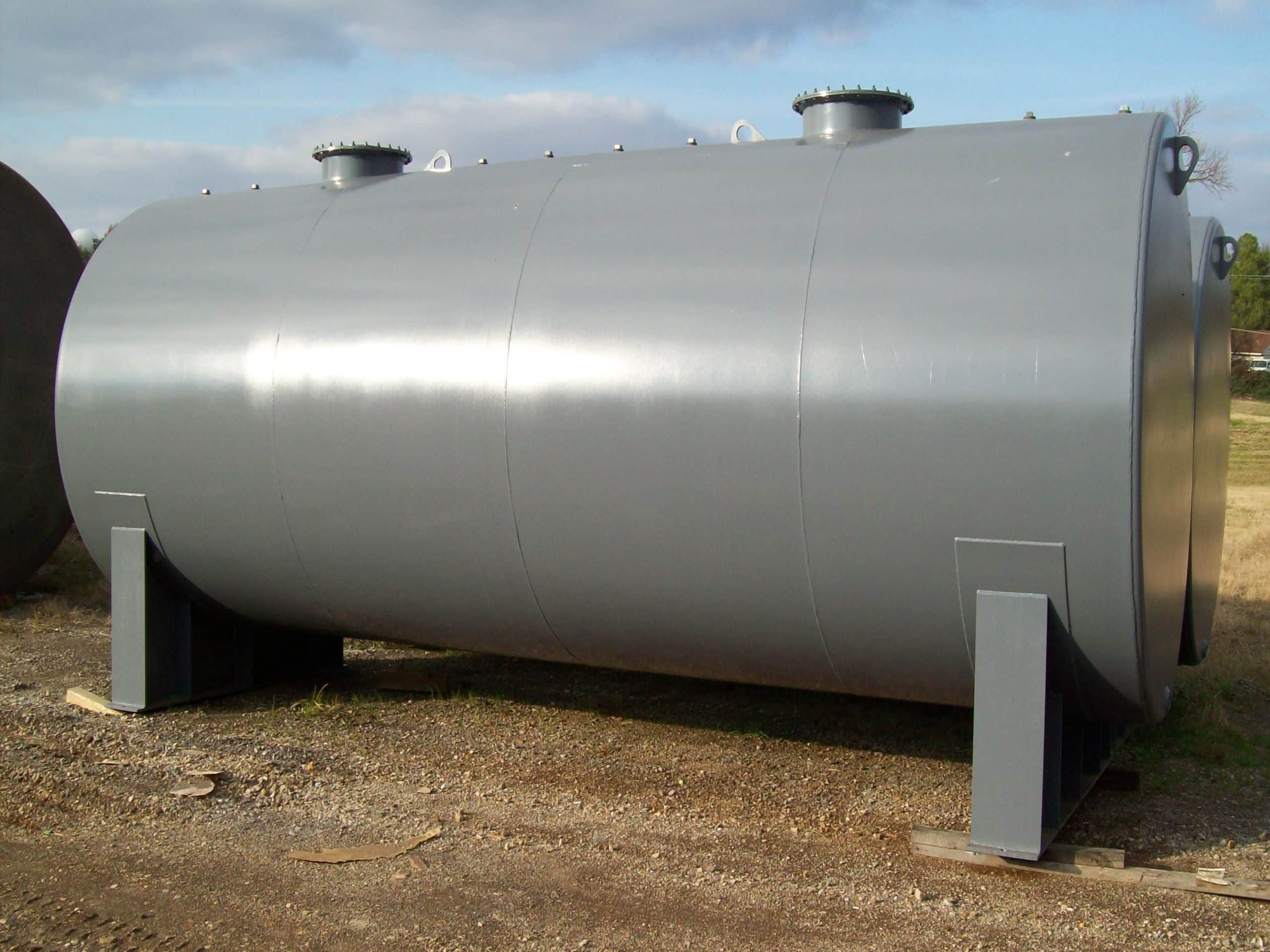 Grey horizontal cylindrical fuel storage tank with mounting supports